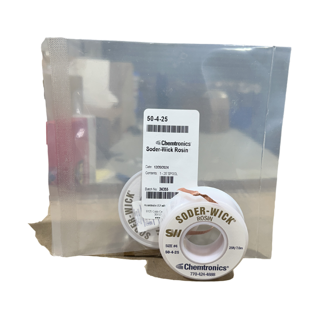 Solder Wick 50-4-25 Desoldering tool Rosin, front of spool and spool in bag.