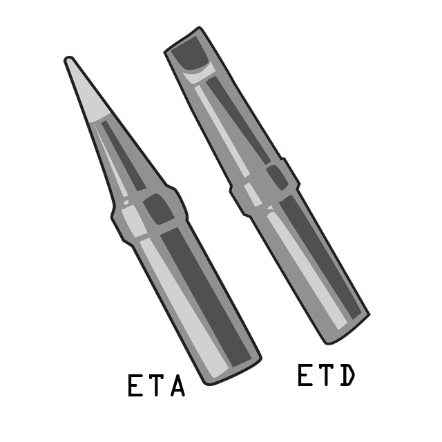 Weller ETA and ETD Soldering Iron Tip Bundle, front of tips Illustration