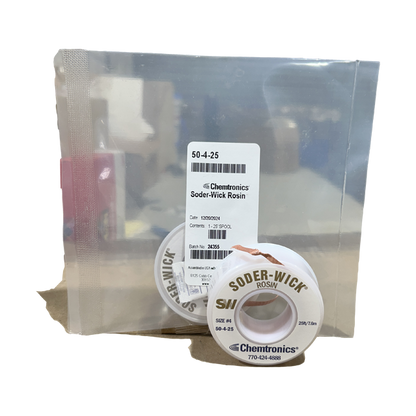 Solder Wick 50-4-25 Desoldering tool Rosin, front of spool and spool in bag.