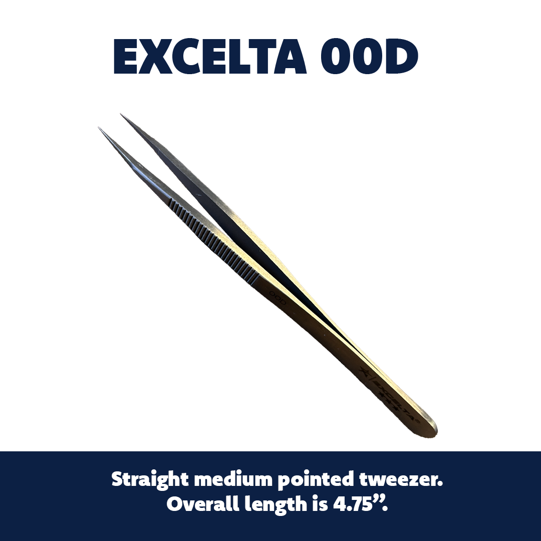 Excelta 00D Tweezers - 3 Star Straight Strong Medium Point Carbon Steel - Serrated Tips