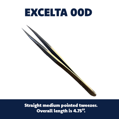 Excelta 00D Tweezers - 3 Star Straight Strong Medium Point Carbon Steel - Serrated Tips
