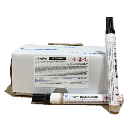 Kester Solder flux pen 186, Box and pens from front