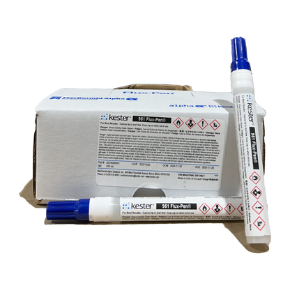 Kester Solder flux pen 951, Box and pens from front