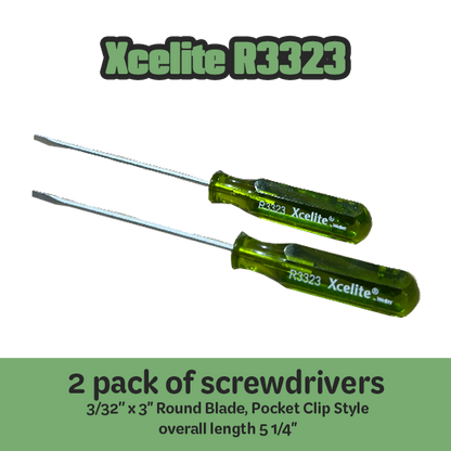 Screwdriver Xcelite R-3323 3/32 x 3" Green, Pocket Clip Pack of 2 Screwdrivers
