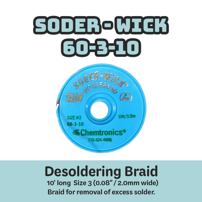 Desoldering Braid Soder-Wick 60-3-10 No Clean Flux Size #3 Green