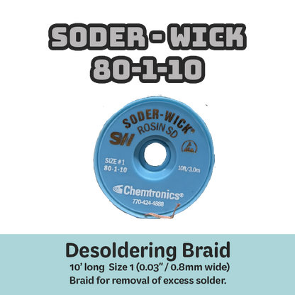 Desoldering Braid Soder-Wick 80-1-10 Rosin Flux Size #1 White/Gray