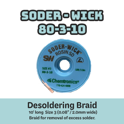 Desoldering Braid Soder-Wick 80-3-10 Rosin Flux Size #3 Green